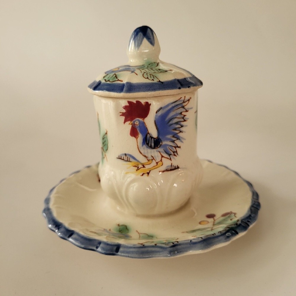 Vintage Nasco Blue Rooster Hand Painted Condiment Jam Jelly Jar with Lid Japan